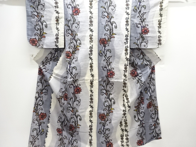 JAPANESE KIMONO / ANTIQUE HITOE KIMONO / MEISEN / WOVEN FLORAL PLANTS